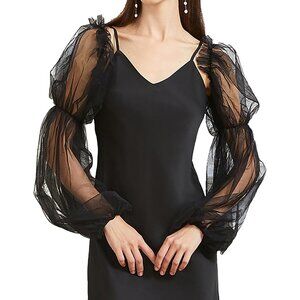 Women's Black-4 Velvet Satin Mesh Ruffled Puff Long Gloves Banquet Party Tea